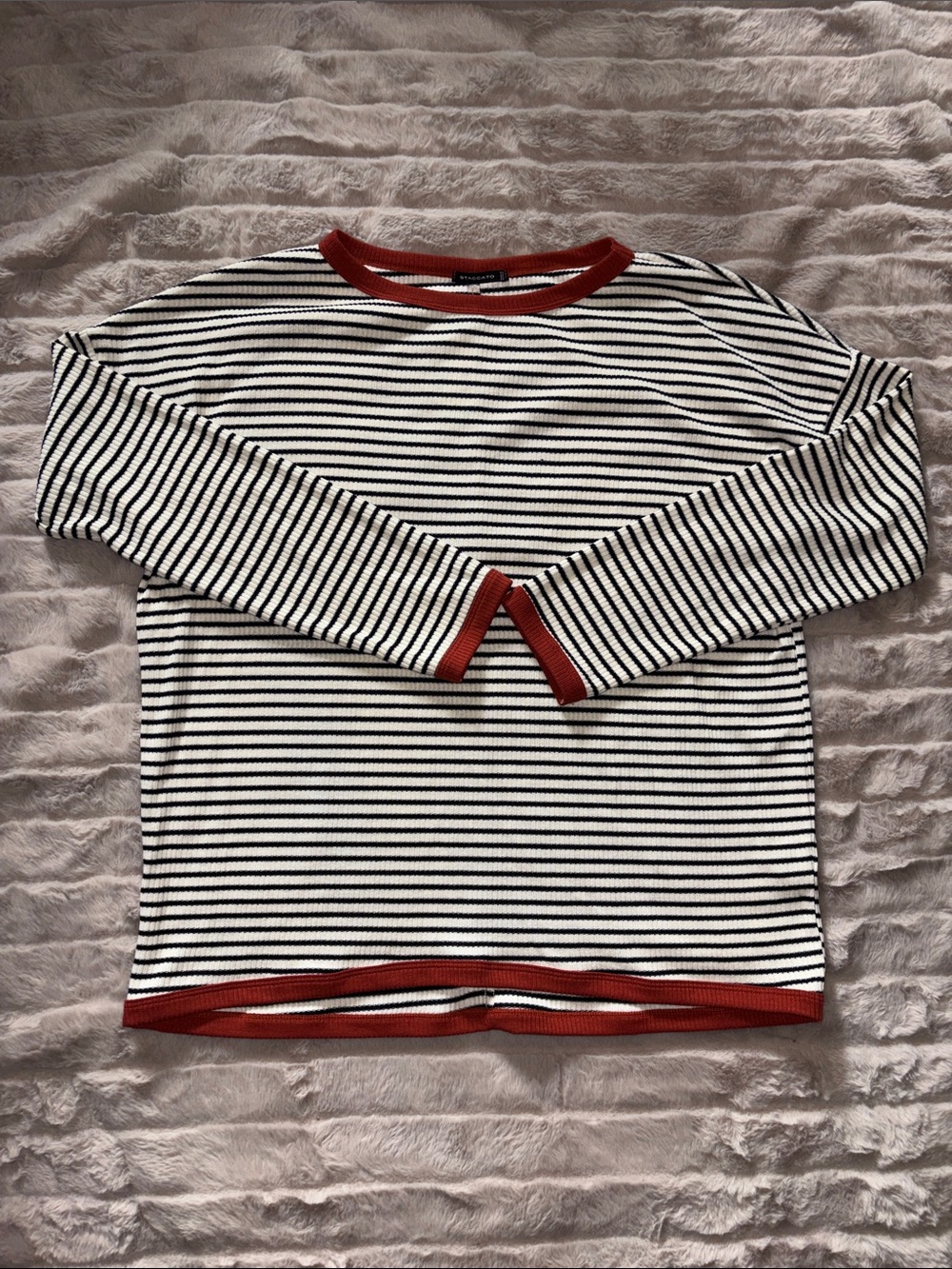 Staccato Black and White Striped Top with Rust Trim